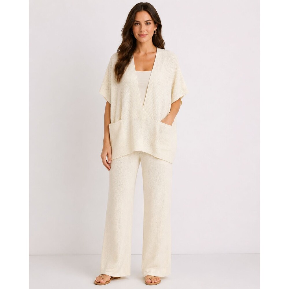 TP Beach 2 Piece Cream Knit Lounge Set Cardigan Top Wide Leg Pants S